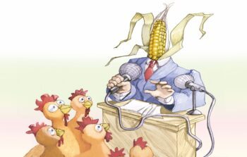 Satire. Ein Maiskolben im Anzug spricht zu Hühnern
